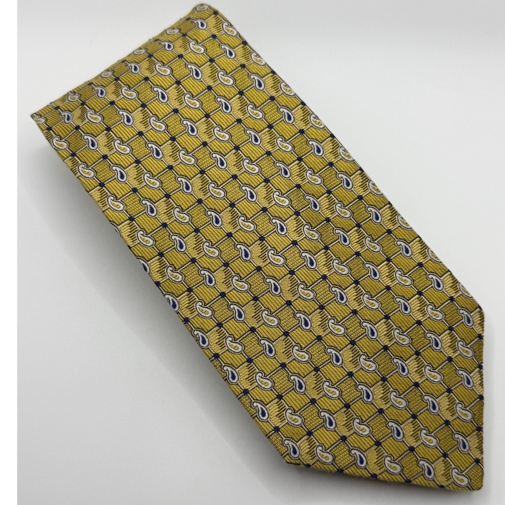 Jos A Bank 100% Silk Tie 3.8" Wide Gold Blue Paisley Business Necktie